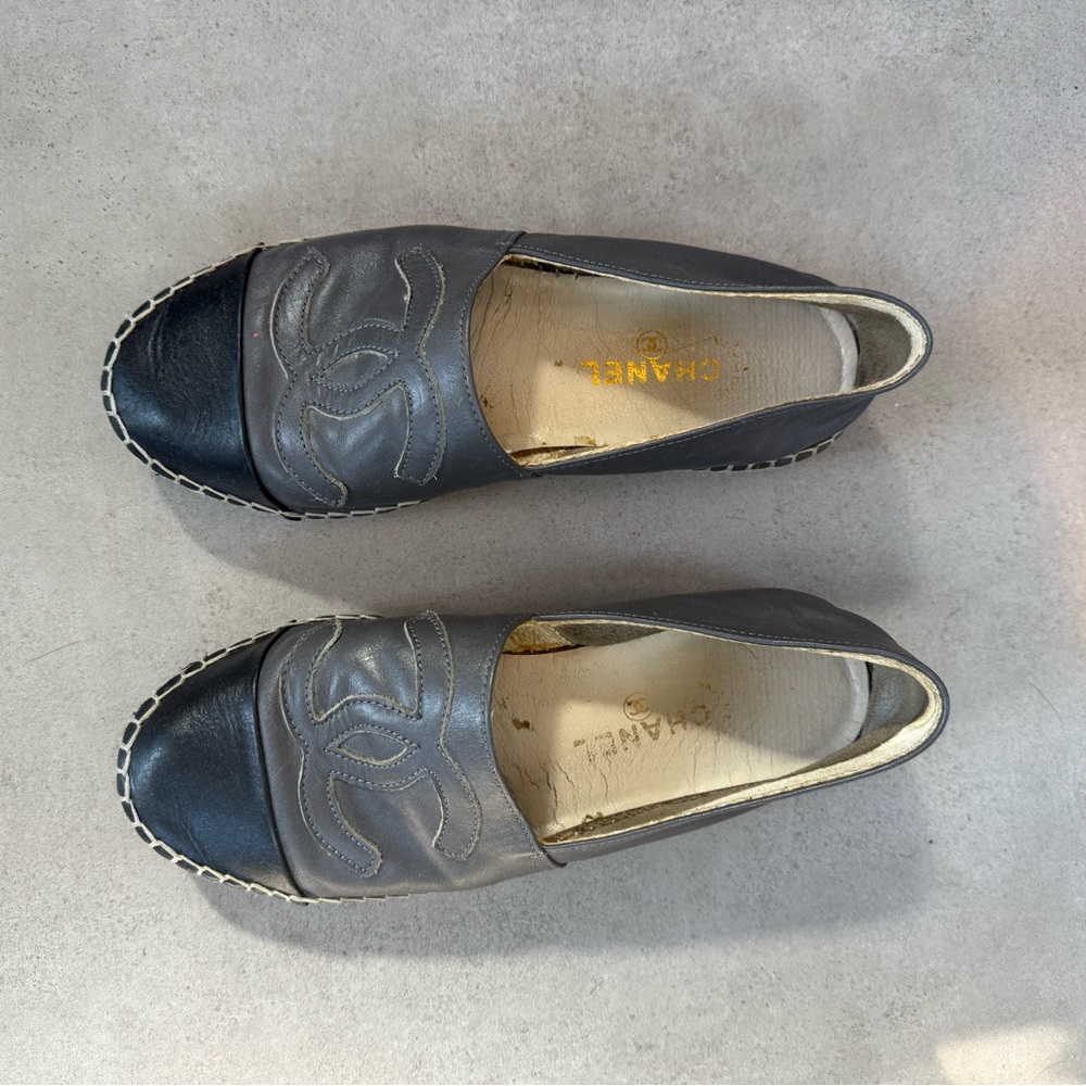 CHANEL Dark Gray Leather Espadrilles